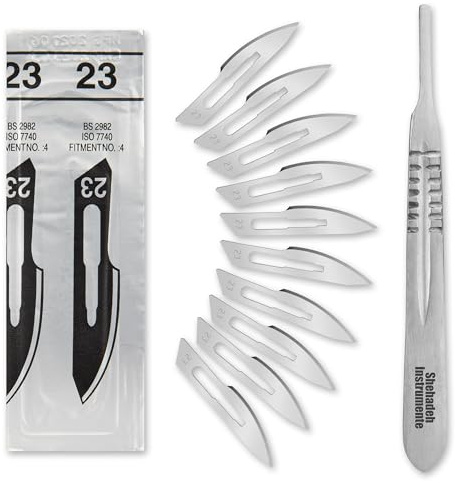 Set - 10 Stück sterile Skalpellklingen Figur 23 aus Karbonstahl - Ersatzklingen + 1 x Shehadeh - Skalpell-Halter - Edelstahl