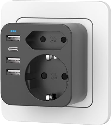 Mehrfachsteckdose mit 4 USB Ports, Mehrfachstecker für Steckdose mit 2 Fach Stecker, Steckdosenadapter mit USB C Port, Doppelstecker für USBC Steckdose, Steckdosenleiste (black)
