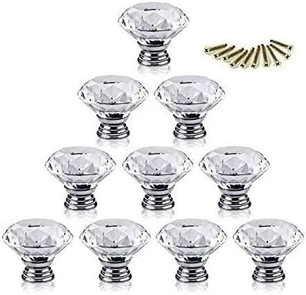 CYUIOTER Crystal Handles, Glass Knobs Crystal Door Knobs,16pcs 40mm Clear Glass Drawer Knobs Crystal Cut Door Handles Diamond Pulls Knobs with Screws