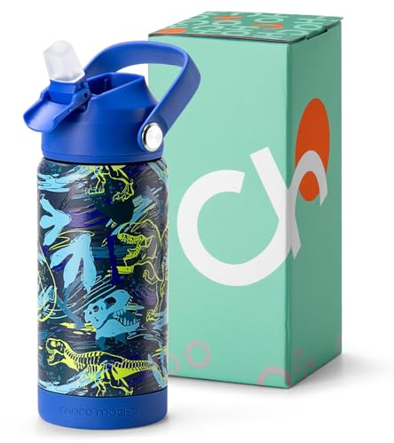 Choco Mocha Trinkflasche Kinder mit Strohhalm für Junge, Thermosflasche Kinder, Wasserflaschen für Schule 400ml, Auslaufsichere, BPA frei, Blau Dinosaurier