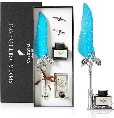 VANGOAL Dragon Quill Pen and Ink Set, Vintage Dragon Feather Dip Pen with Novelty Pen Base, Retro Carving Calligraphy Pen Gift Set for Writing, Drawing, Desktop Decoration (Ice Blue)
