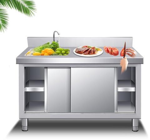 Meuble Evier,Évier Divers Avec Armoire Cuisine,Évier Inox De Cuisine,Évier De Restauration Autoportant,avec Établi Et Chaud/Froid Robinet Pour Intérieur De Jardin Extérieur Buanderies(L 100*50*80cm/39