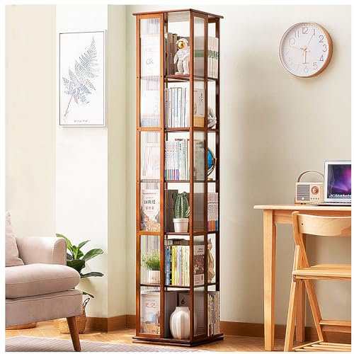 Drehbare Bücherregal, 6 Tier Swivel Bücherregal Bambus Bücherregal, 360 Display Floor Standing Bücherregal Corner Storage Organizer, Drehbare Bücherregal Turm für Schlafzimmer,Braun,6 Tier