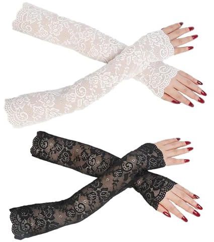 FUIPVGI Guantes de Encaje Negro Sin Dedos Hasta el Codo para Mujer - Florales para Halloween, Bruja y Accesorios de Disfraz
