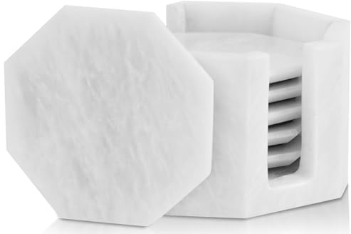 marble range set med hållare 9,5 cm vit uppsättning av 6 handgjorda underlägg för dryck – underläggsset för hemmakontor, dryckesunderlägg för soffbord