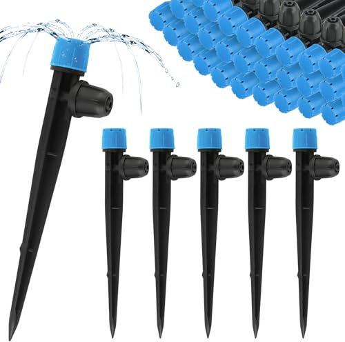 Kalolary 50PCS 1/4 Drip Irrigation Drippers with Lock (Blue) | Drip Irrigation Emitters for 4/7mm Tube, Adjustable 360 Degree 8 Holes Water Flow Sprayer Micro Spray Drip System Parts