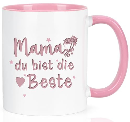 Joymaking Kaffeetasse mit Spruch 'MAMA du bist die Beste', Geschenkidee für Mama zum Muttertag, Geburtstag, Weihnachten, 320ml, Keramik, Rosa