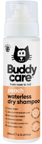Buddycare No Rinse Waterless Dry Shampoo for Cats (200ml) | Peach Cat Shampoo Sensitive Skin | Quick Dry Natural, Easy-to-Use for Fresh Dry Quick Bath for Cats Itchy Skin Relief