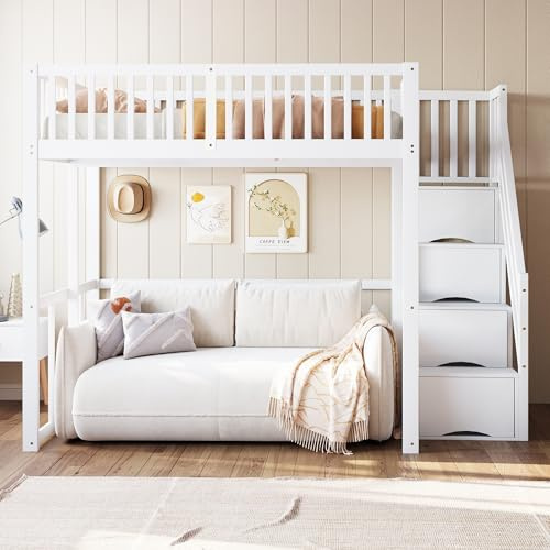 NNJN Hochbett 140x200cm mit Sicherheitsaufbewahrungsleiter, Sicherheitsumrandung, Bettgestell aus massiver Kiefer, Geeignet für Kinder, Jugendliche und Erwachsene (Weiß)