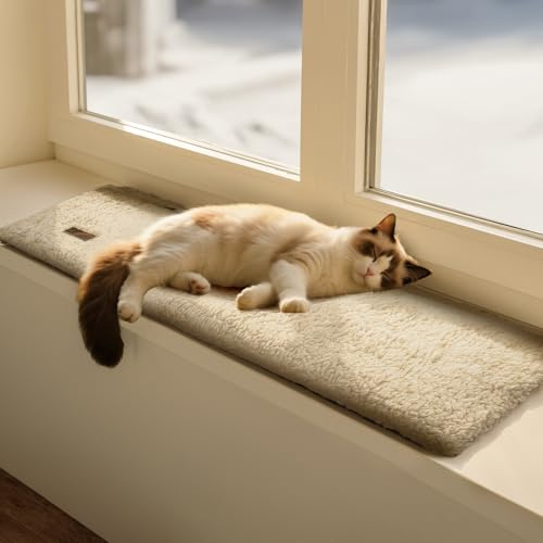 Mora Pets Katzen Fensterliege Katzenbett Fensterbank rutschfest, Selbstheizende Katzendecke für Fenster, Wärmedecke Ohne Strom, Katzenliege Fenster Flauschig & Weich, Waschbarer Bezug, 90 x 28 cm