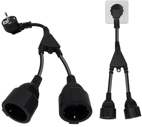 Alargador Corto con Doble Enchufe Schuko 250V 16A, Adaptador Doble Enchufe con Seguridad, Mini Alargador Eléctrico 2 en 1 IP20, Cable Resistente 1,5mm² para Hogar Oficina