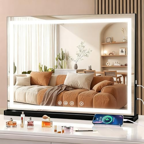 halumao Schminkspiegel mit Beleuchtung, 80 x 60 cm Hollywood schminktisch Spiegel mit Beleuchtung, 3 Modi Dimmbar Tischspiegel mit Touch-Schalter USB-Ladeanschluss schwarz