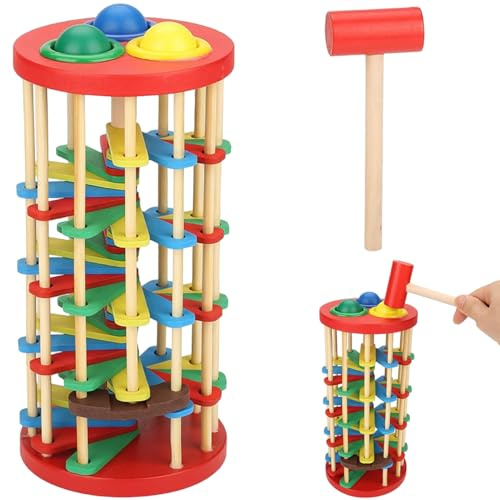 Ball Drop Toy, Wooden Ball Drop Tower with Swirling Ramps, Hammer & 3 Balls, Educational Montessori Toy for Babies Toddlers 3 Years Old