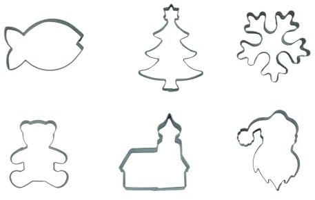 Kaladia Juego de 6 cortadores de galletas de acero inoxidable de alta calidad, diseño de peces, abeto, iglesia, copo de nieve, osito y Papá Noel, fabricado en la UE