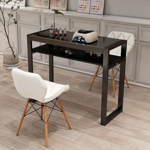 Manicure Table Station Porfor Technicians, Double Layer Storage Shelf Heavy Duty Steel Frame Pedicure, Beauty Nail Care(Black,100X40X78Cm)