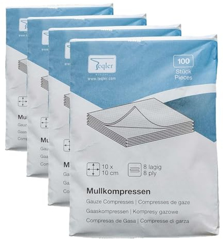 Teqler Mullkompressen, unsteril 10 x 10 cm (Packung mit 4)