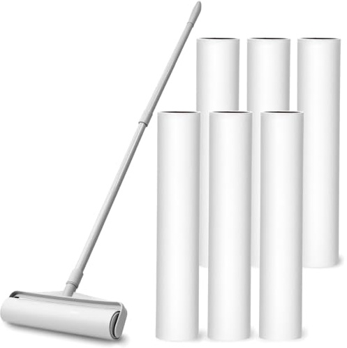 QWORK® Fusselroller für Tierhaare 24cm Extra Breit – 360 Blatt mit 125CM Teleskopstiel für Teppiche, Sofa & Bett
