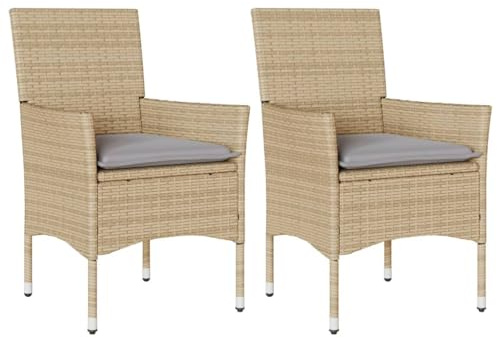 Mhdvray Gartenstühle 2er Set Beige Poly Rattan Sessel mit Sitzkissen Gartensessel für Terrasse Balkon und Garten Stabile Terrassenstühle mit Stahlrahmen 53 x 61 x 83 cm