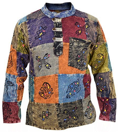 Gheri Men's Patchwork Hippie Grandad Printed Symbols Casual Shirt Stonewashed X-Large
