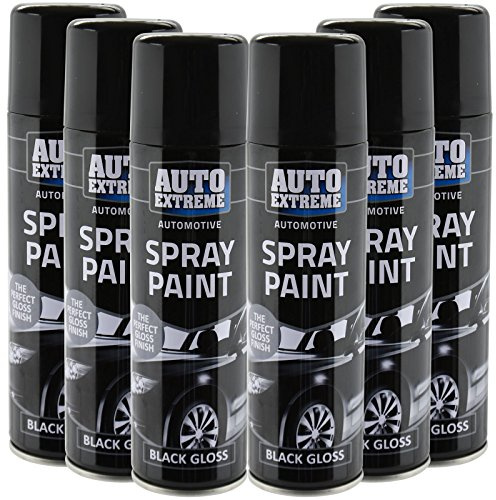 All Purpose Automotive Spray Paint 250ml Can Black Gloss Finish Aerosol Metal Interior Exterior Fast Dry Excellent Coverage Adhesion - 6 Pack