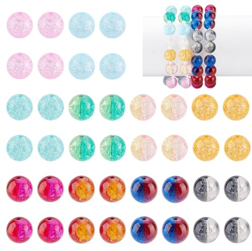 PandaHall Elite 90 Stück 12 mm Crackle Glasperlen, 10 Farben Crackle Lampwork Glasperlen Kristall Runde Zwischenperlen für Armbänder Halsketten Schmuckherstellung Wohnkultur