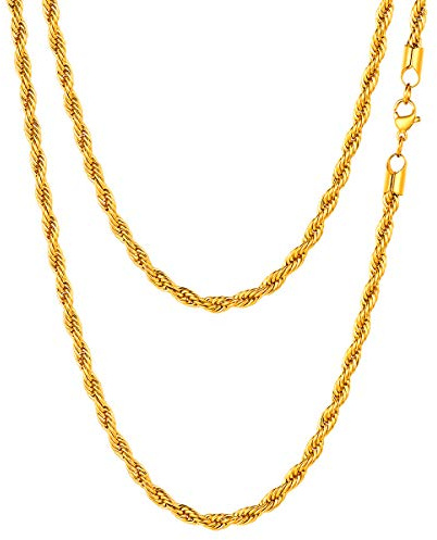 FOCALOOK Mens Twist Rope Chain Necklace, Waterproof Gold Plated/Silver/Black Stainless Steel Jewellery, 18 20 22 24 26 28 30 Inch -with Gift Box