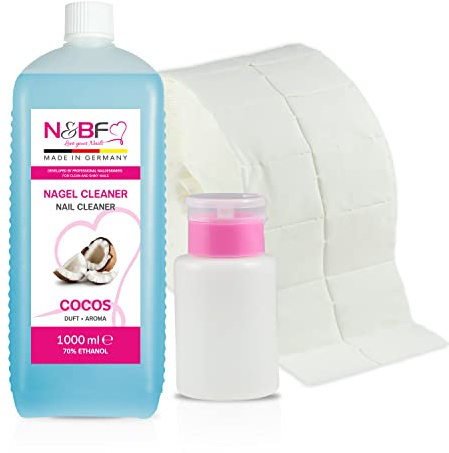 NAILS FACTORY | Nagel Cleaner mit Cocos Duft 1000ml + Dispenser Pumpflasche & 1000 Zelletten | 70% Ethanol-Alkohol | Schonend für Nägel | Perfekt für Gelnägel & Nageldesign (Rosa)