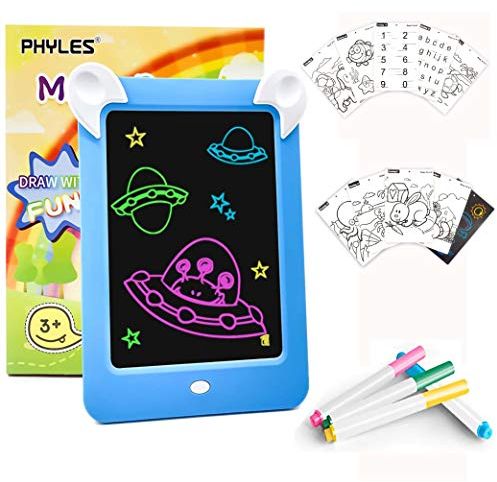PHYLES Magic Drawing Pad, LED Zaubertafel Kinder 3-12 Jahre, enthält 19 Drawing Maltafel Pad (Buchstaben, Zahlen, Muster), 4 Zeichenstifte, 1 Reinigungstuch,Das perfekte Lernspielzeug (Blau)