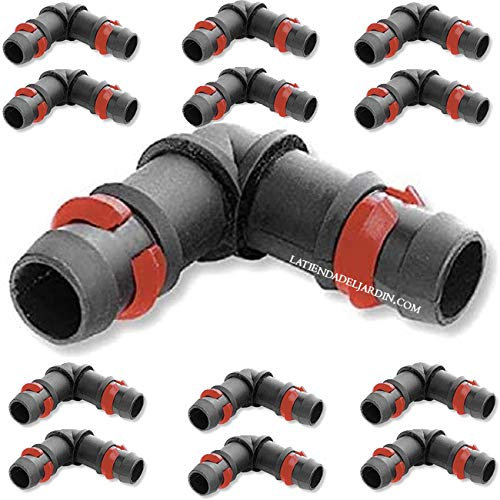 Suinga. 100 x gomito gocciolante 20 mm con anello di sicurezza raccordo per tubo di irrigazione 20 mm. Colore nero.