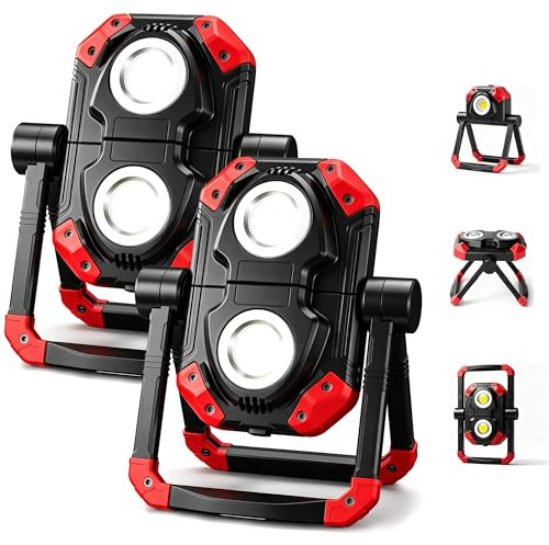 YZONI 2 Pack LED Work Light Rechargeable, 2 COB 2500LM Folding Portable Flood Light with Magnetic Base and 360° Rotation Stand, Spotlights for Camping Car Repairing Emergency Job Site Lighting
