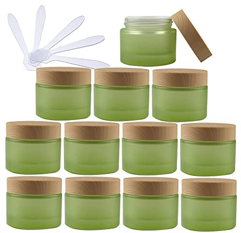 TIANZD 12 Pieces 50ml Empty Green Glass Cosmetic Jars with Screw Lid, 50g Small Containers Storage Pot for Cosmetic Travel Homemade Cream Gel Lip Balm Salve + 6x Spatula
