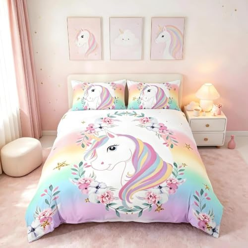 Loussiesd Fantasy Unicorn Girl Bedding Double Colorful Flower Decor Horse Duvet Cover Set Unicorn Animal Beds Set Children Teenagers Women Sweet Rain Color Bedclothes 3PCS