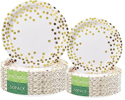 Birthdayparties Platos redondos de papel desechables para todas las ocasiones, paquete de 100 unidades, platos llanos de 50 x 9 y 50 x 7 pulgadas, lunares dorados y blancos
