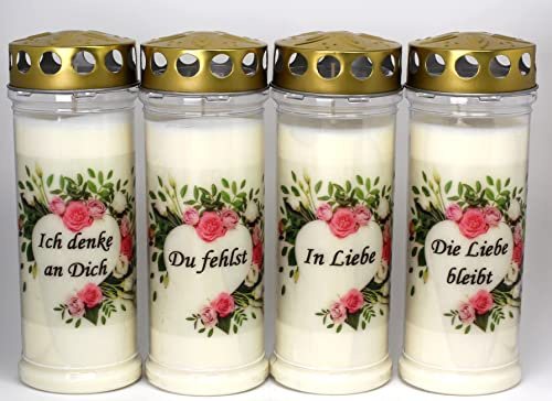 4er Set Grabkerzen mit Spruch - (21x7,5 cm) – Grablicht mit 7 Tage Brenndauer – (3831) – Wetterfestes Trauerlicht mit Deckel - Hochwertige Trauerkerze - Edle Gedenkkerze aus Deutschland