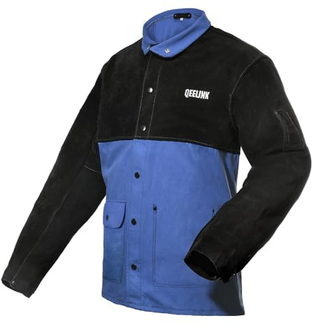 QeeLink Chaqueta de soldador con mangas de cuero partido | Chaqueta para soldar de algodón ignífugo, azul y negro, 3XL