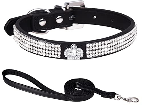 HALFSUMO Hundehalsband Leder Halsband Hund Lederhalsband Hund Funkelnd Hundehalsbänder mit Strasssteinen Besetzt für Haustiere Welpen Katzen Kombi-Set mit Leine Schwarz M C008
