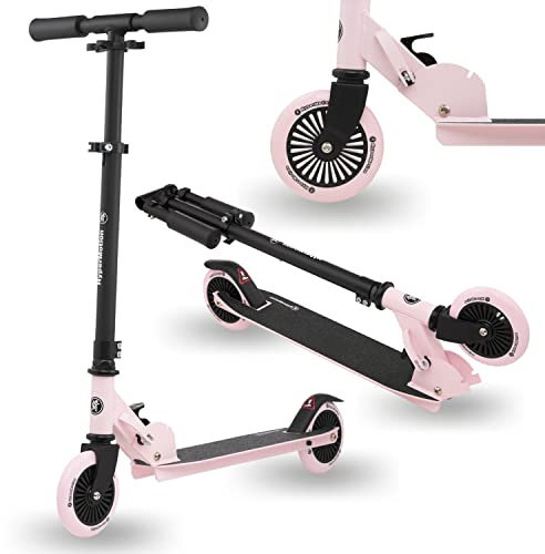 HyperMotion Scooter für Kinder von 3-8 Jahren, Zweirad Scooter Willy, Faltbar, Höhenverstellbarer Lenker, Gummiräder, rutschfeste Plattform, Belastbarkeit bis 40 kg, Schwarz und Pink