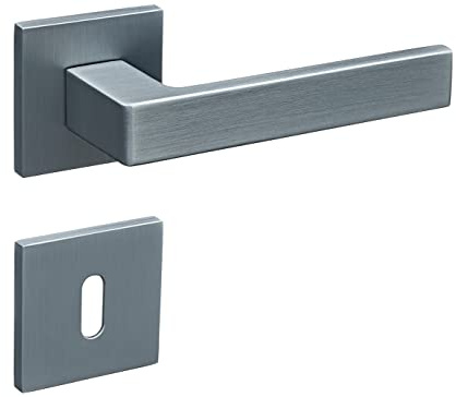 Gavroche Türgriffe Set BB Buntbart | Türklinken für Innentüren in Silber Matt Chrom | Drückergarnitur für Zimmertür mit eckiger Rosettengarnitur aus Zink | Türbeschlag in L-Form