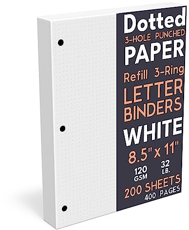 Dotted Grid Paper, Letter Size, 3-Hole Punched (Large Holes), 200 Sheets/400 Pages, 120 GSM, 8.5 x 11 inches, White, for Calligraphy, Journaling, Drawing
