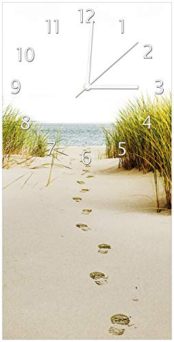Wallario Design-Wanduhr Spuren im Sand- Fußspuren durch die Düne zum Meer aus Glas, Motiv-Uhr Größe 30 x 60 cm, weiße Zeiger