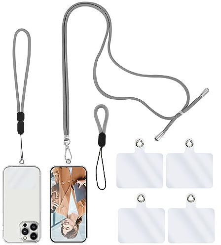 simarro Chaîne pour téléphone Portable Universel, 1 Longue lanière+1 dragonne pour Poignet+1 dragonne pour Doigt+4 entretoises Transparentes Lanière pour téléphone Portable Porter réglable (Gris)
