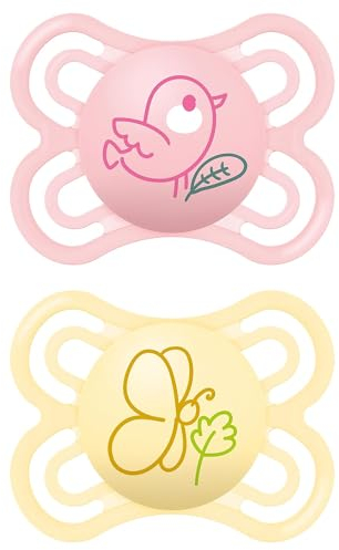 MAM Perfect Schnuller im 2er-Set, für eine gesunde Zahn- und Kieferentwicklung, Baby Schnuller aus nachhaltigen & bio-erneuerbaren Materialien, mit Schnullerbox, 0-6 Monate, Vogel/Schmetterling