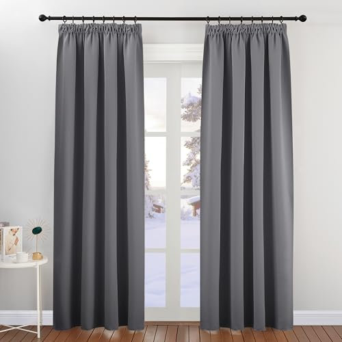 PONY DANCE Pencil Pleat Door Curtain Blackout - 2 Panels Thermal Insulated Curtains for Living Room Privacy Screen Heat Cold Blocking, 46 inch Width x 84 inch Drop, Grey