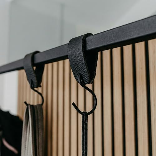 Homemetall 1 Stück Kleiderhaken mit Lederschlaufe in schwarz - echtes Leder, S-Haken mit Lederschlaufe, Garderobenhaken aus Metall - Kleiderhaken, Fleischerhaken aus Metall