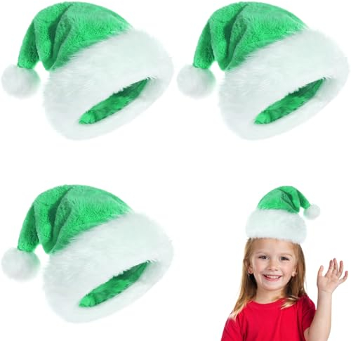 POPOYU 3 Stück Weihnachtsmütze Nikolausmütze Kinder,Weihnachtsmann Kostüm Nikolausmütze,grün Mütze Dicker Plüsch Fellrand aus Plüsch Nikolaus,Weihnachtsmann Mütze für Herren/Damen