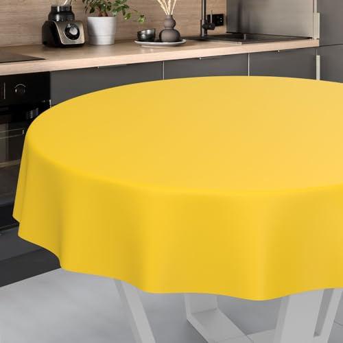 Nappe en Toile cirée Lavable, pour Table de Jardin, extérieur et intérieur, Ronde, 140 cm, Bord coupé, Jaune