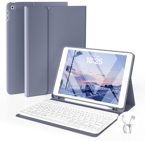 JKSML Hülle mit Tastatur für iPad 9./ 8./ 7. Generation (2021/2020/ 2019) | Soft TPU Rückseite Schutzhülle mit Pencil Halter, Abnehmbarer Bluetooth QWERTZ Tastatur für iPad 10.2 Zoll (Violett-Grau)