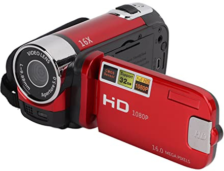 Fabater Caméscope Vidéo, Full HD 1080P, Rotation à 270°, Zoom 16X, écran Couleur 2,7 Pouces, Enregistreur pour Cadeaux pour la Famille et Les Enfants (Rouge)