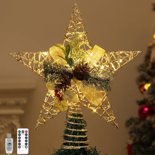 Lewondr Christbaumspitze, Metallrahmen Weihnachtsbaumspitze mit LED-Lichtperlen & Tannenzapfen, USB Betrieben Weihnachten Baumspitze mit 6H Timer, Dekoration für Holiday Home Party Ornament, Gold