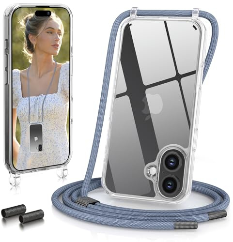 GOODVISH Handykette für iPhone 16 Hülle mit Band Transparent, Blau | Kameraschutz und Bildschirmschutz, Necklace Handyhülle mit Schnur Schutzhülle für zum Umhängen Case 16 mit Kordel 6.1